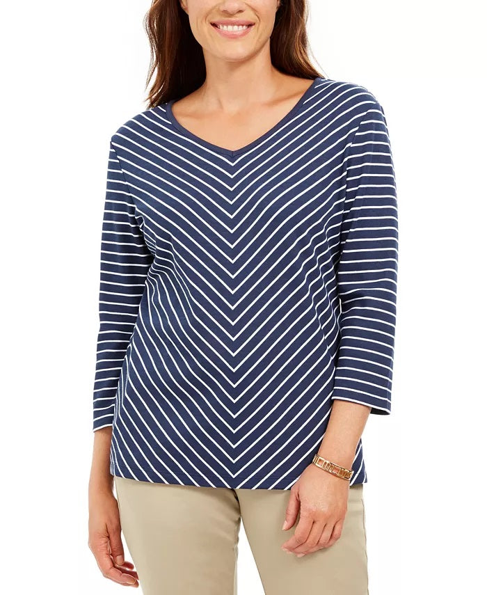 Karen Scott Blusa feminina listrada com manga 3/4 e decote em V, azul, tamanho pequeno e pequeno