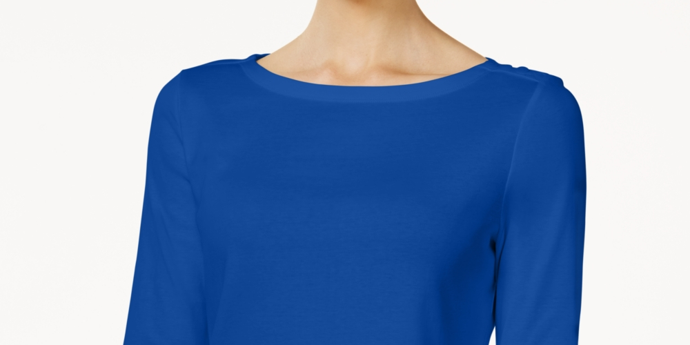 Charter Club Blusa feminina de algodão Pima com decote canoa e botões nos ombros, azul, tamanho X-G
