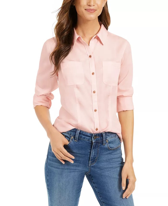 Camisa feminina Charter Club com bolso aplicado, rosa, tamanho pequeno G
