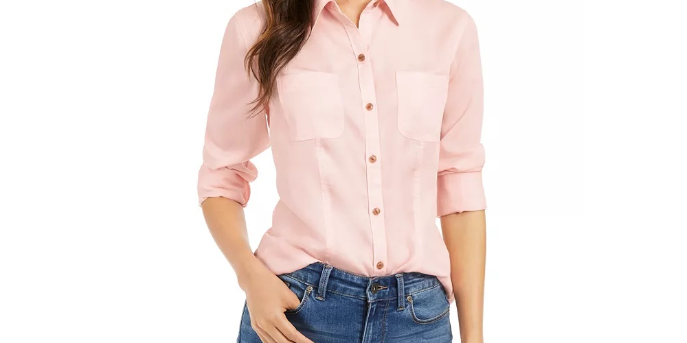 Camisa feminina Charter Club com bolso aplicado, rosa, tamanho pequeno G
