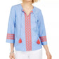 Blusa feminina bordada com borlas Charter Club, azul, tamanho XX-G