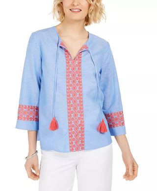 Blusa feminina bordada com borlas Charter Club, azul, tamanho XX-G
