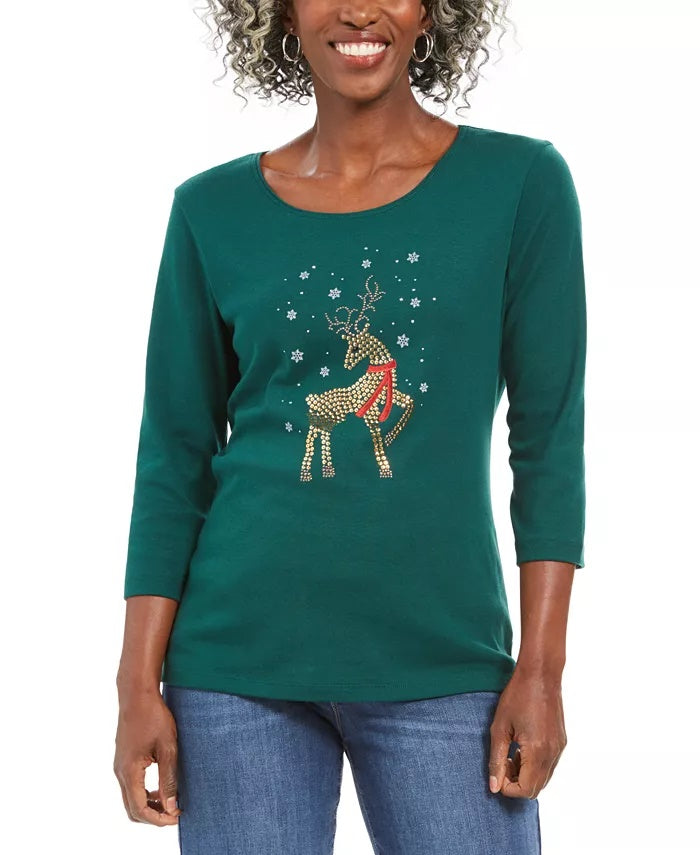 Blusa feminina Karen Scott com decote redondo e estampa de veado, verde, tamanho PSM