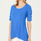 Túnica feminina JM Collection com manga trançada, azul, tamanho pequeno, médio