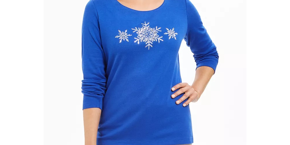 Blusa feminina Karen Scott de algodão com estampa de floco de neve, azul, tamanho PL