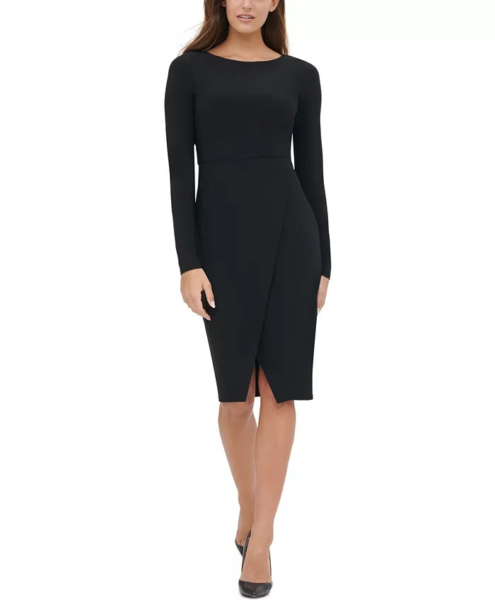 Vestido de festa feminino Tommy Hilfiger com zíper, manga comprida, decote joia abaixo do joelho, preto, tamanho 16