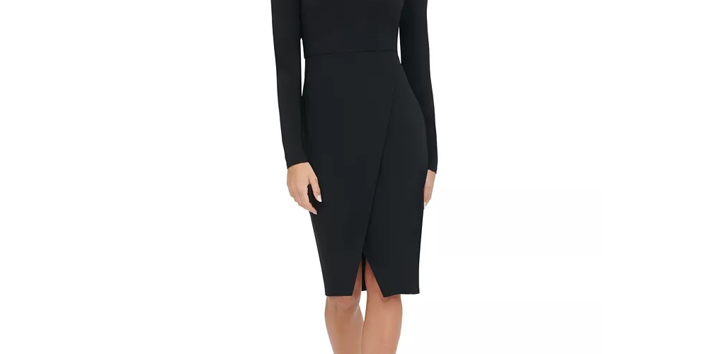 Vestido de festa feminino Tommy Hilfiger com zíper, manga comprida, decote joia abaixo do joelho, preto, tamanho 16