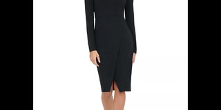 Vestido de festa feminino Tommy Hilfiger com zíper, manga comprida, decote joia abaixo do joelho, preto, tamanho 16