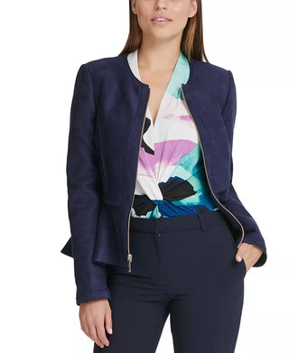 DKNY Women's Faux Suede Zip Front Peplum Jacket Blue Size 6 Petite