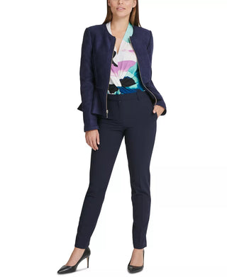 Jaqueta peplum feminina DKNY de camurça sintética com zíper frontal, azul, tamanho 6, pequena