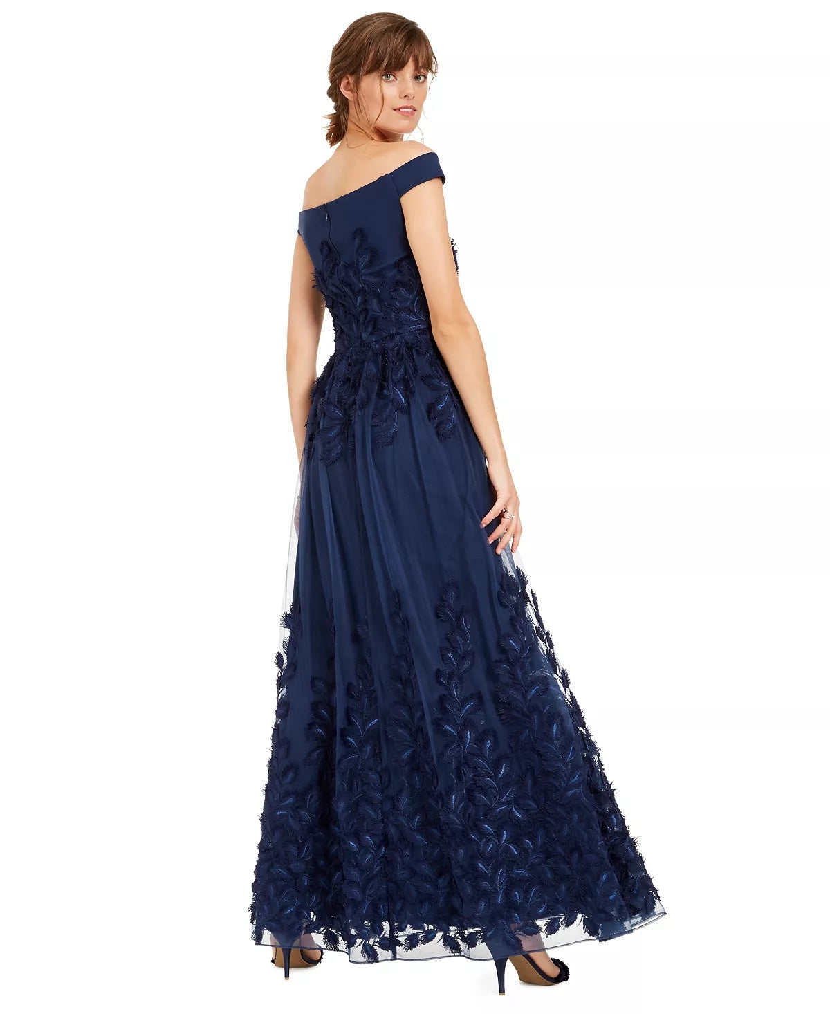 Vestido feminino Adrianna Papell com decote ombro a ombro bordado, azul, tamanho 14