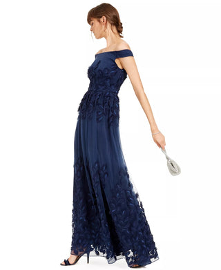Adrianna Papell Women's Off The Shoulder Embroidered Gown Blue Size 14