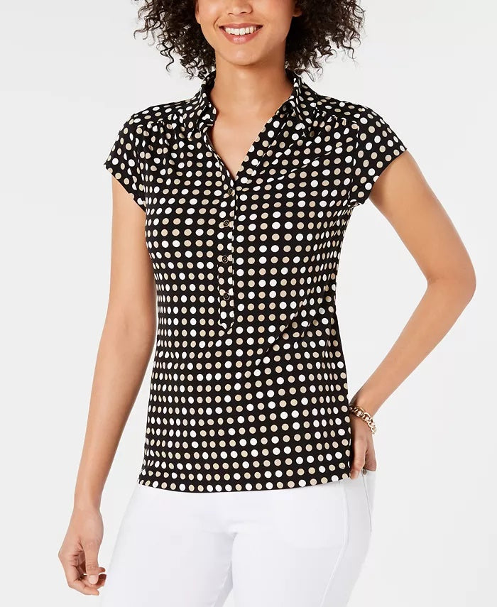 Camisa polo feminina estampada de manga curta Charter Club, preta, tamanho X-S
