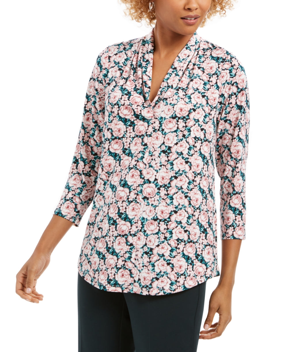Blusa feminina com estampa floral e decote em V franzido, tamanho XG, rosa, Charter Club