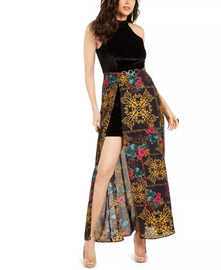 Vestido longo estampado com decote halter feminino Thalia Sodi, preto, tamanho extrapequeno