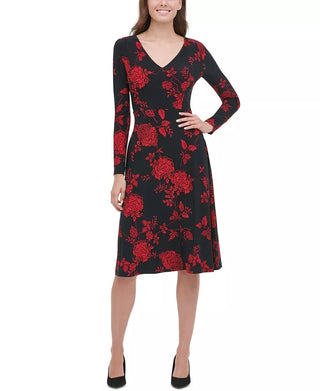 Vestido feminino Tommy Hilfiger com estampa floral, justo e evasê, preto, tamanho 4