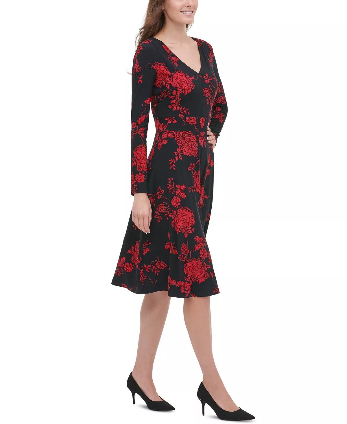 Vestido feminino Tommy Hilfiger com estampa floral, justo e evasê, preto, tamanho 4