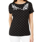 Karen Scott Blusa feminina de algodão com estampa e bordado, gola canoa, preta, tamanho pequeno