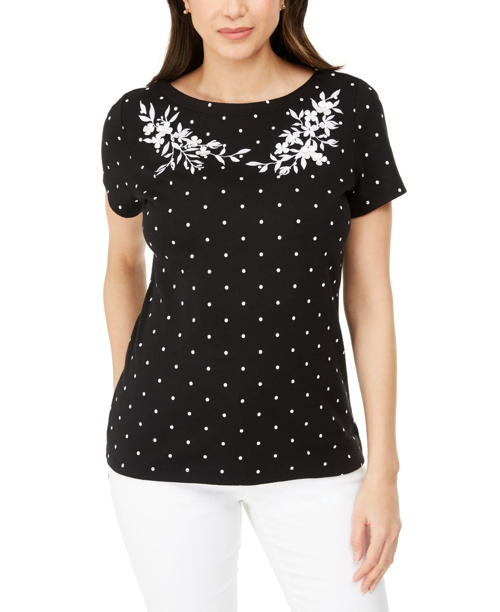 Karen Scott Blusa feminina de algodão com estampa e bordado, gola canoa, preta, tamanho pequeno