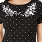 Karen Scott Blusa feminina de algodão com estampa e bordado, gola canoa, preta, tamanho pequeno