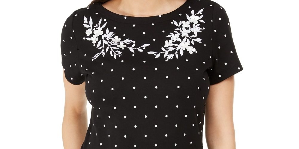 Karen Scott Blusa feminina de algodão com estampa e bordado, gola canoa, preta, tamanho pequeno