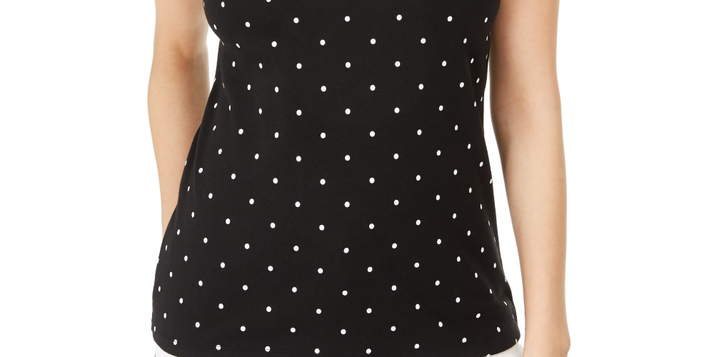 Karen Scott Blusa feminina de algodão com estampa e bordado, gola canoa, preta, tamanho pequeno