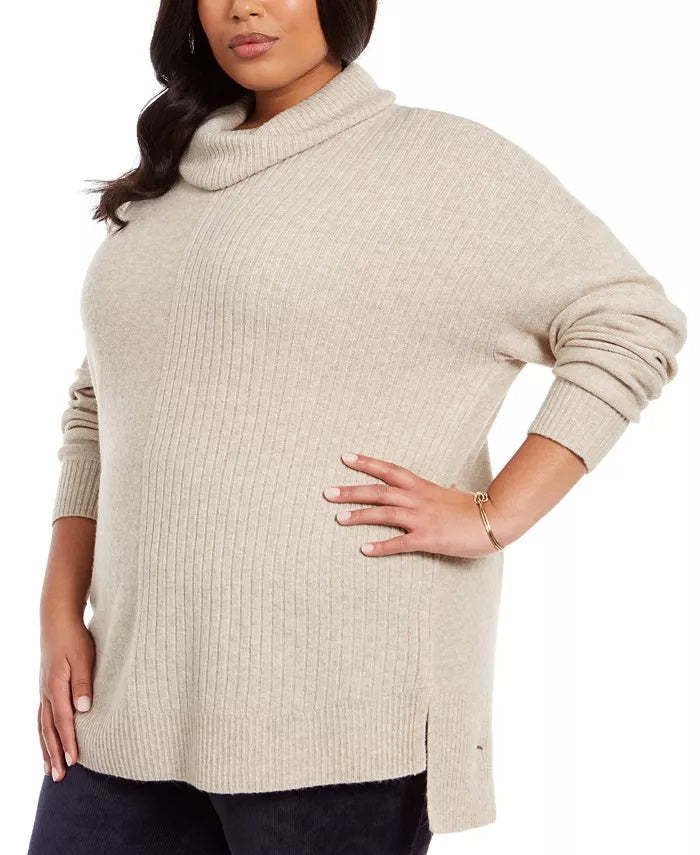 Suéter túnica feminino plus size com nervuras mistas e gola alta, cinza, tamanho 1X, da Style &amp; Co