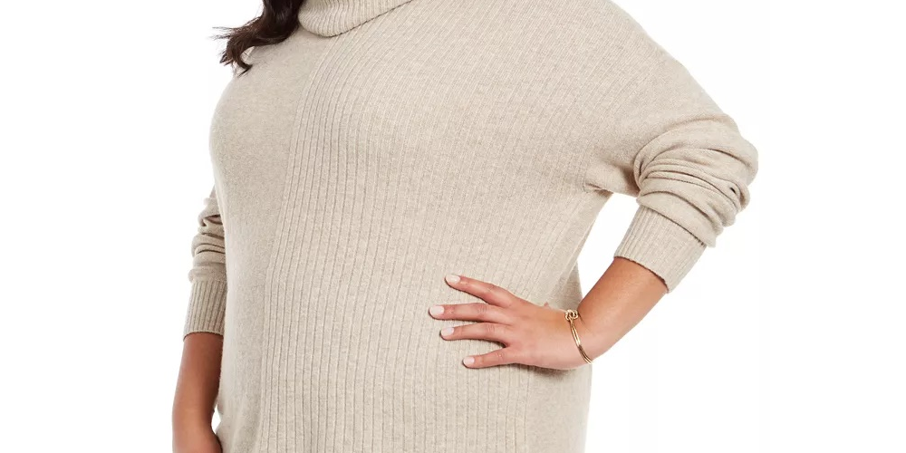 Suéter túnica feminino plus size com nervuras mistas e gola alta, cinza, tamanho 1X, da Style &amp; Co