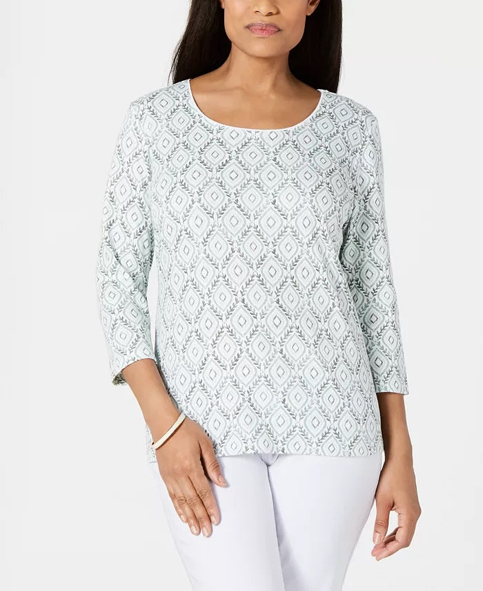 Blusa feminina Karen Scott com estampa de videira e manga 3/4, branca, tamanho 2XL