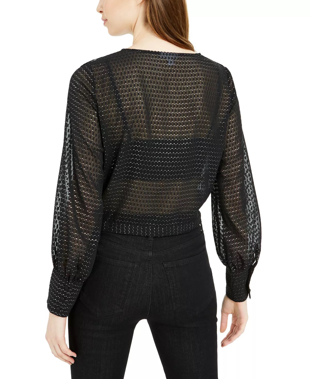 Blusa feminina com babados e bolinhas metálicas Bar III, manga comprida, preta, tamanho XX-G