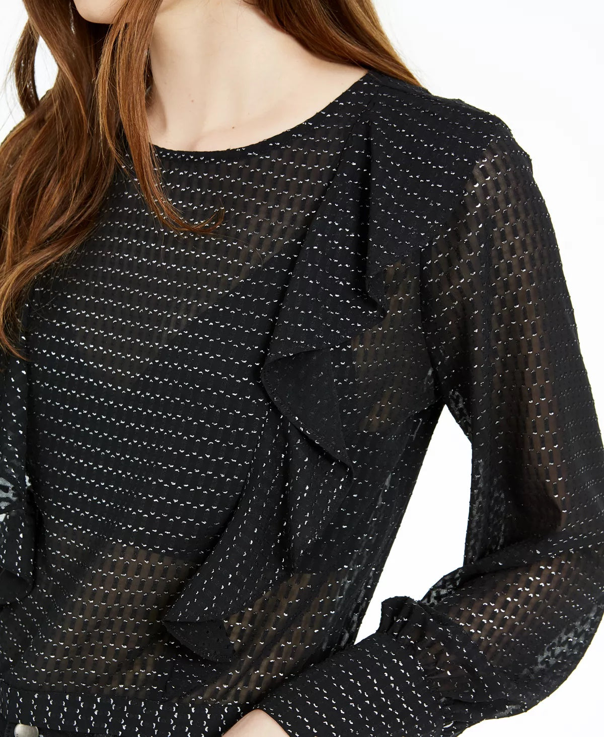 Blusa feminina com babados e bolinhas metálicas Bar III, manga comprida, preta, tamanho XX-G