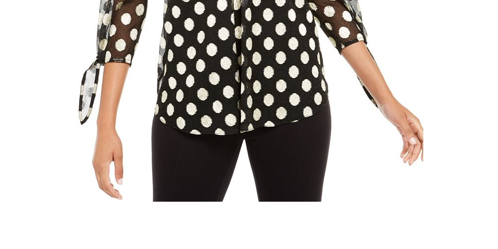 Blusa de malha com estampa de bolinhas e decote em V feminina Alfani, preta, tamanho G