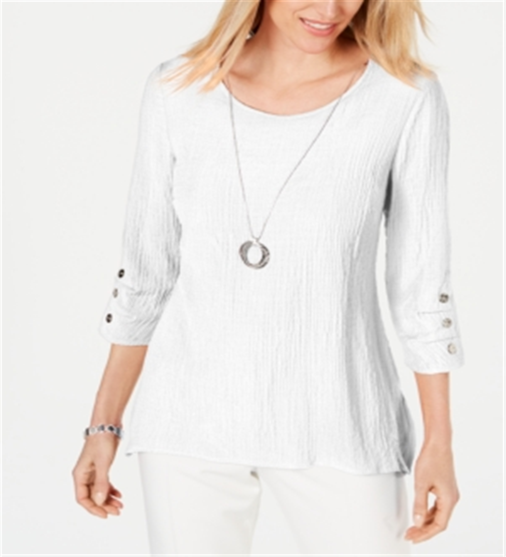 JM Collection Top feminino texturizado com colar, branco, tamanho pequeno