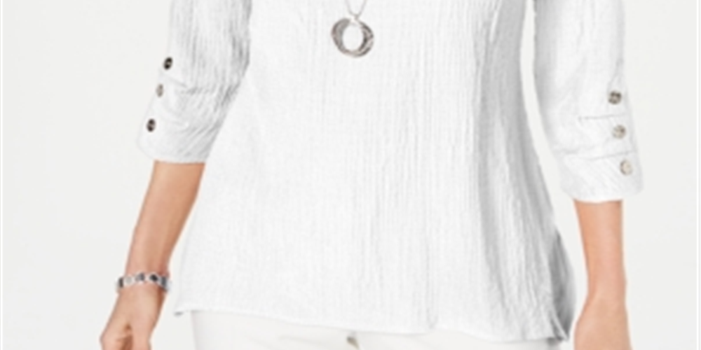 JM Collection Top feminino texturizado com colar, branco, tamanho pequeno