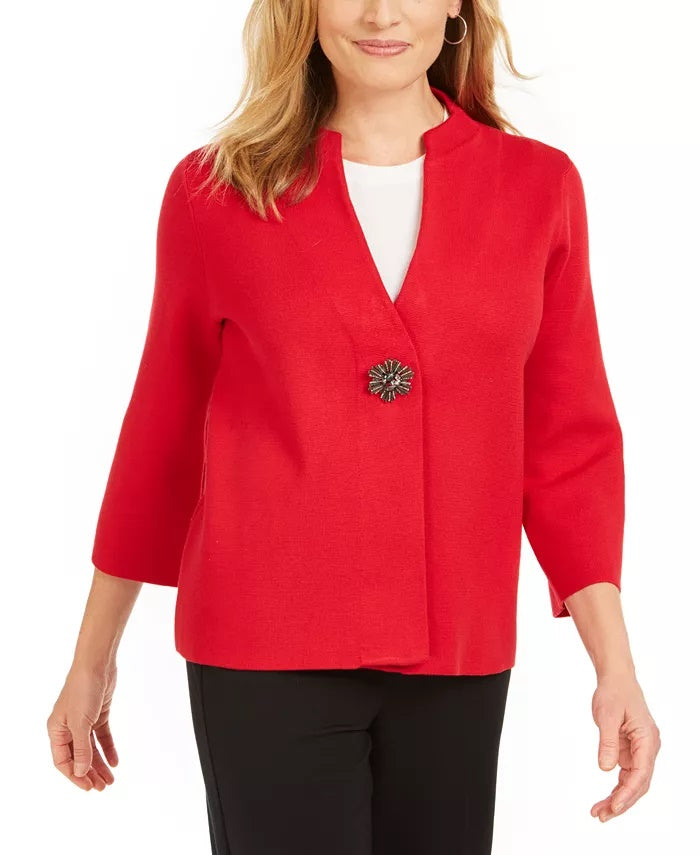 Cardigan feminino JM Collection com broche para festa de fim de ano, vermelho, tamanho extragrande