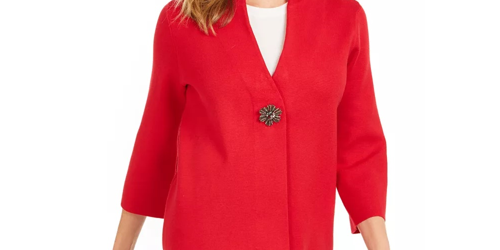 Cardigan feminino JM Collection com broche para festa de fim de ano, vermelho, tamanho extragrande