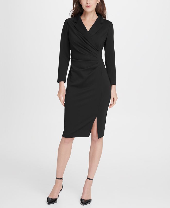 Vestido feminino DKNY com gola ponte e franzido lateral, preto, tamanho 12
