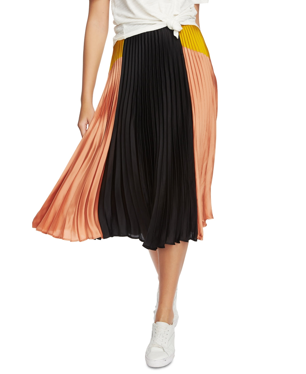 1.STATE Saia midi plissada de cetim com blocos de cores para mulheres, preta, tamanho 8