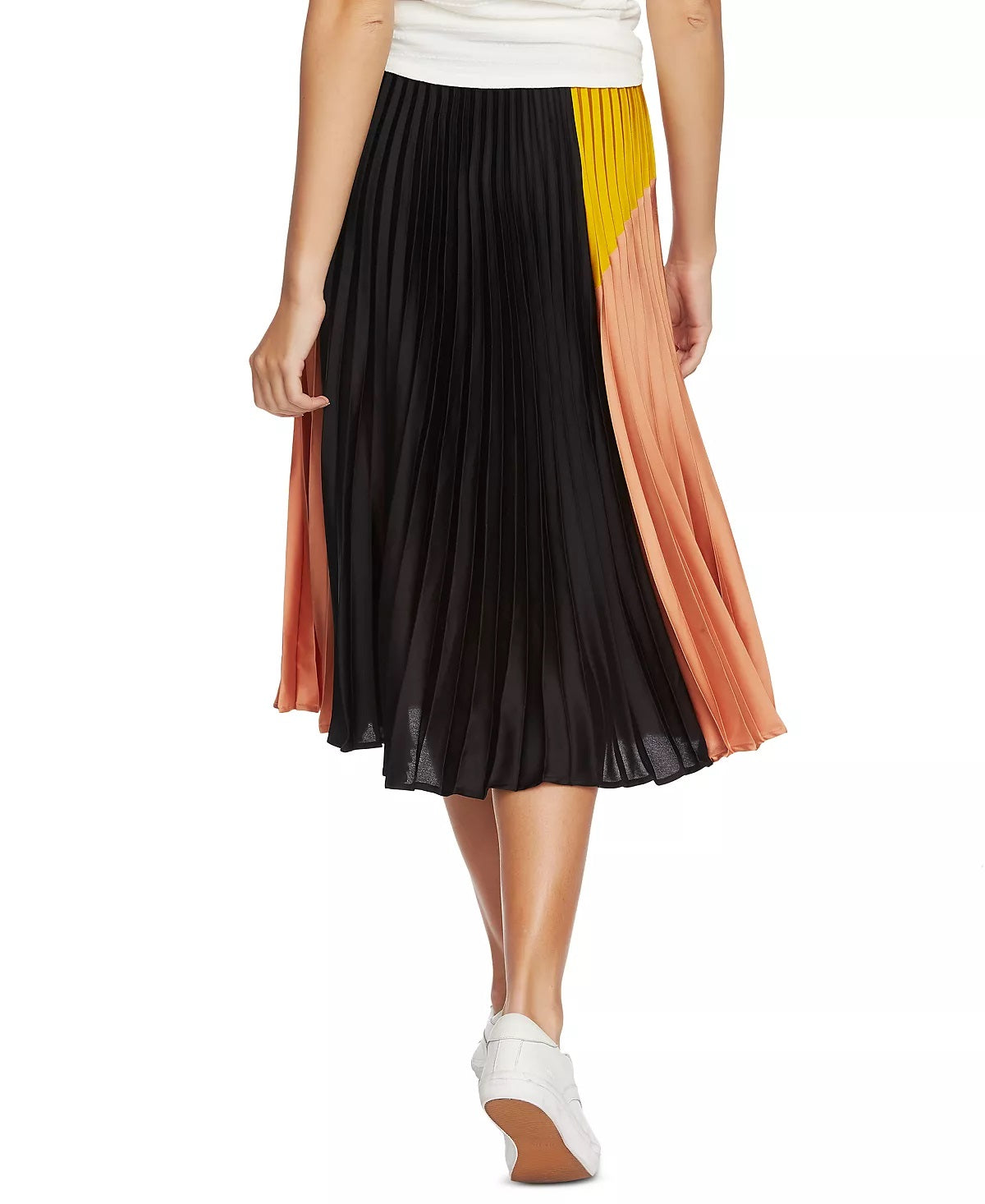 1.STATE Saia midi plissada de cetim com blocos de cores para mulheres, preta, tamanho 8