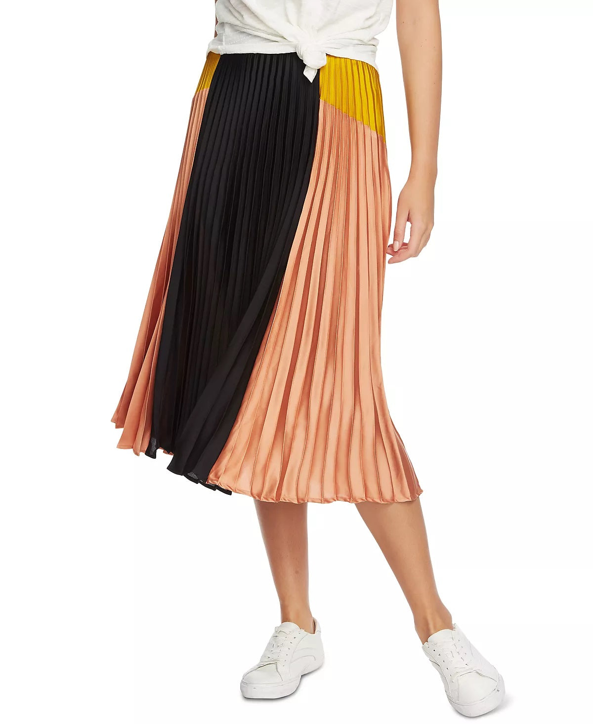 1.STATE Saia midi plissada de cetim com blocos de cores para mulheres, preta, tamanho 8