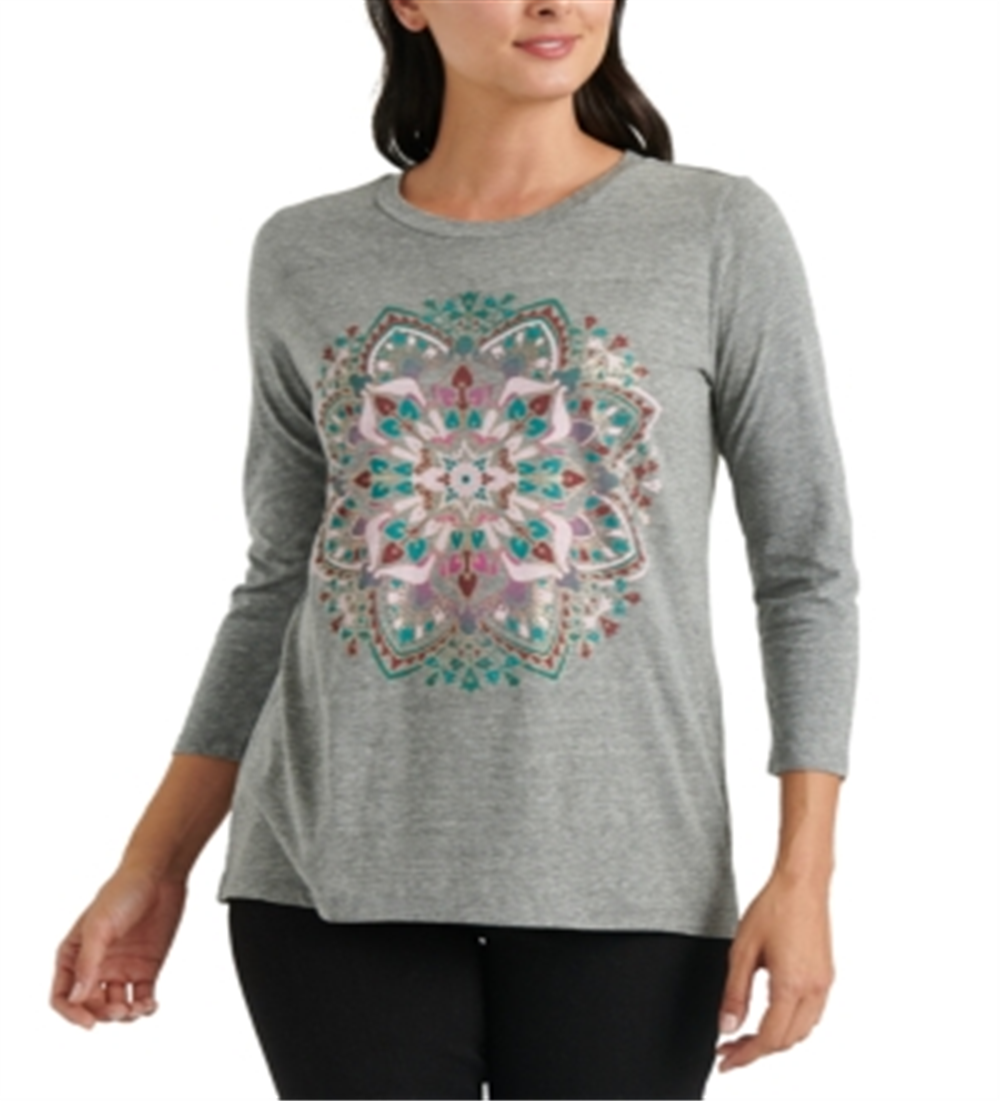 Camiseta feminina Lucky Brand Mandala manga 3/4 cinza tamanho GG