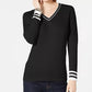 Suéter feminino Tommy Hilfiger de algodão com decote em V, preto, tamanho P