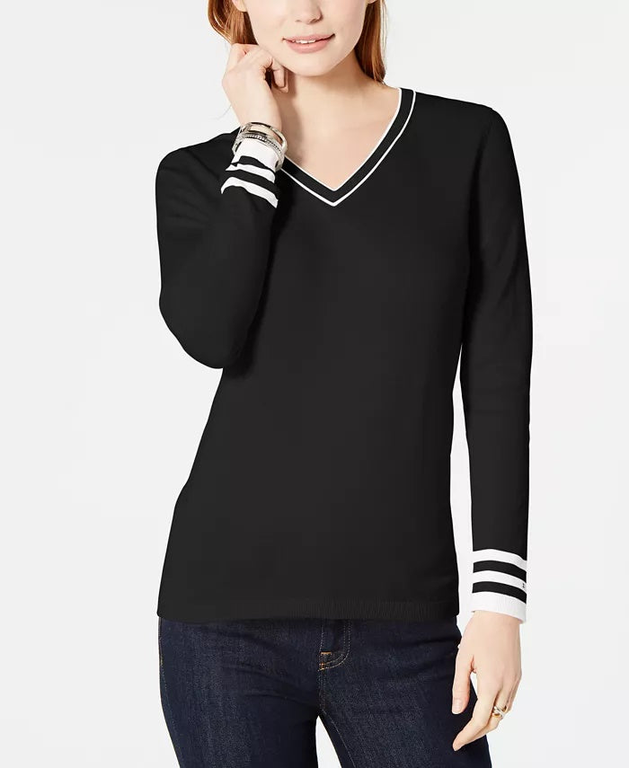 Suéter feminino Tommy Hilfiger de algodão com decote em V, preto, tamanho P