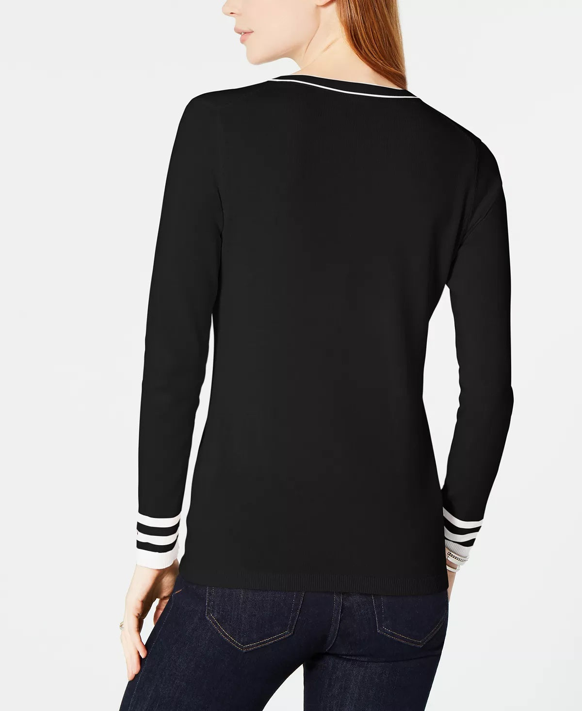 Suéter feminino Tommy Hilfiger de algodão com decote em V, preto, tamanho P