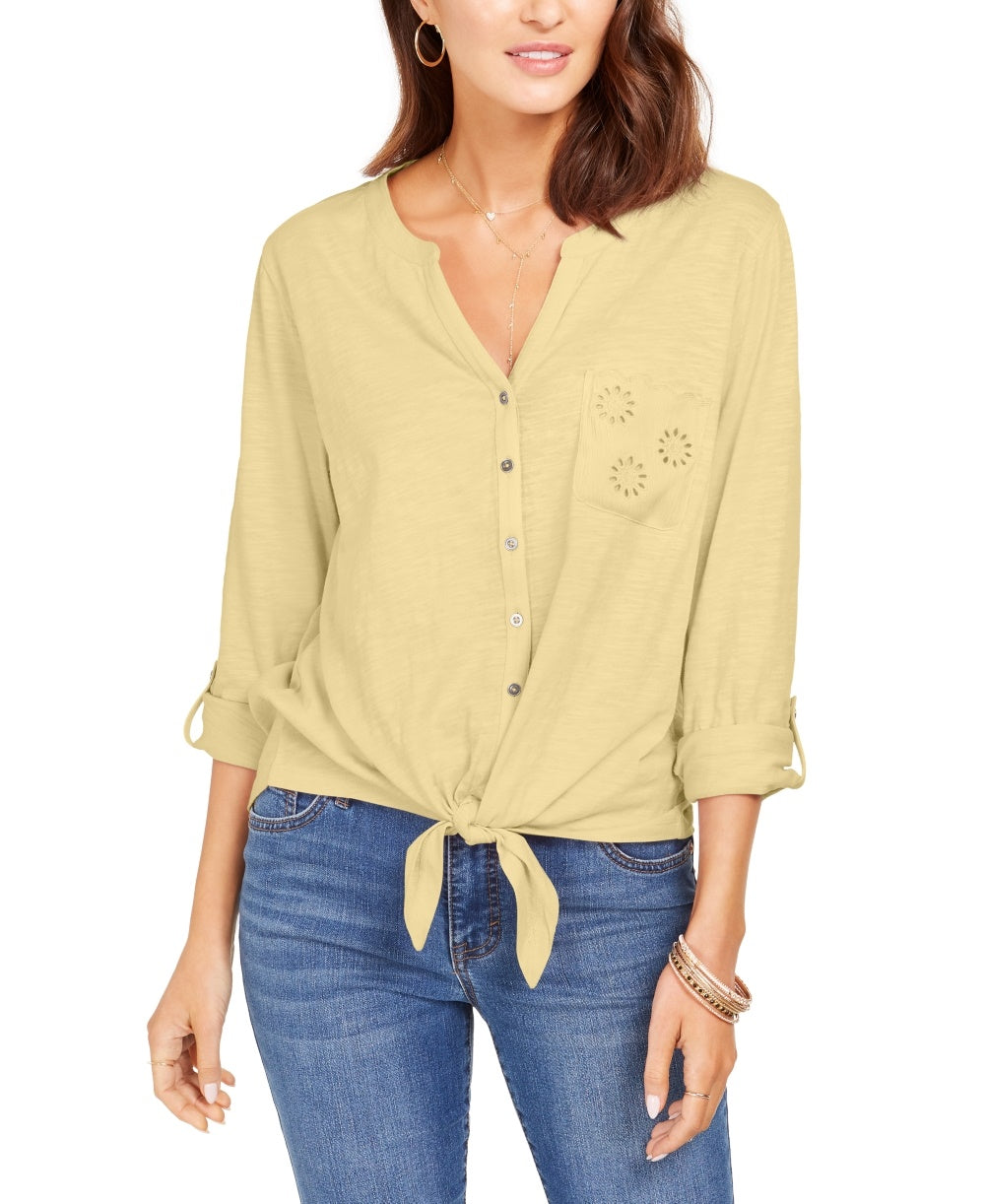 Top feminino com bolsos e ilhós e amarração frontal, tamanho XXG, amarelo, da Style &amp; Co