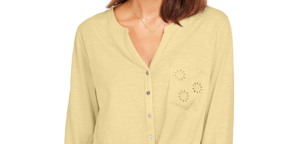 Top feminino com bolsos e ilhós e amarração frontal, tamanho XXG, amarelo, da Style &amp; Co