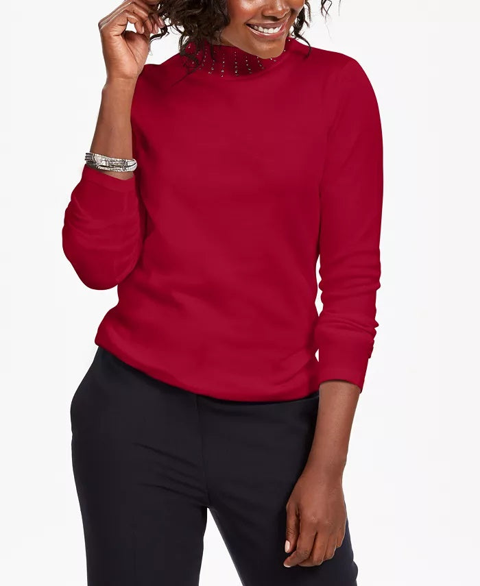 Karen Scott Suéter Feminino com Tachas e Gola Falsa Vermelho Tamanho Médio