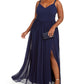 Vestido longo feminino City Studios Trendy Plus de chiffon com fenda, azul, tamanho 22W