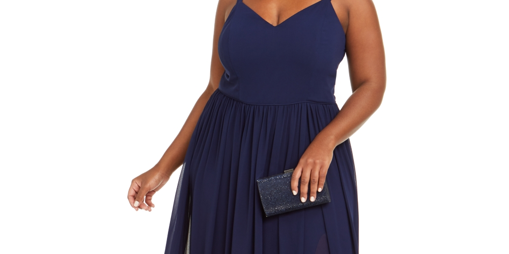 Vestido longo feminino City Studios Trendy Plus de chiffon com fenda, azul, tamanho 22W