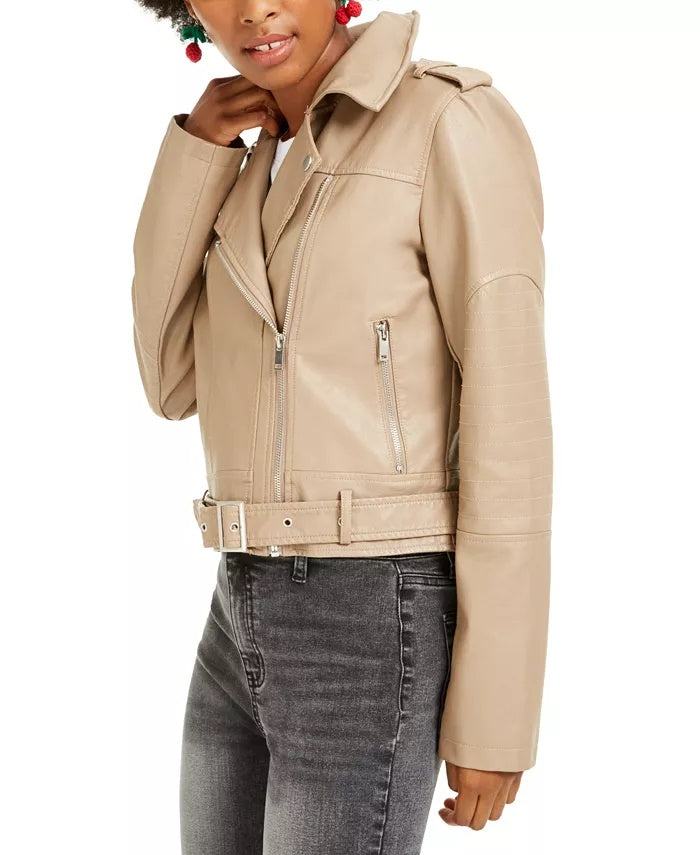 Jaqueta de couro sintético com cinto da coleção B Junior, bege, tamanho médio